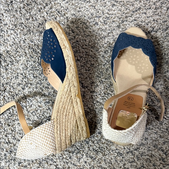 Navy and Tan Espadrille Wedge Sandals with Ankle Strap - Picture 3 of 3